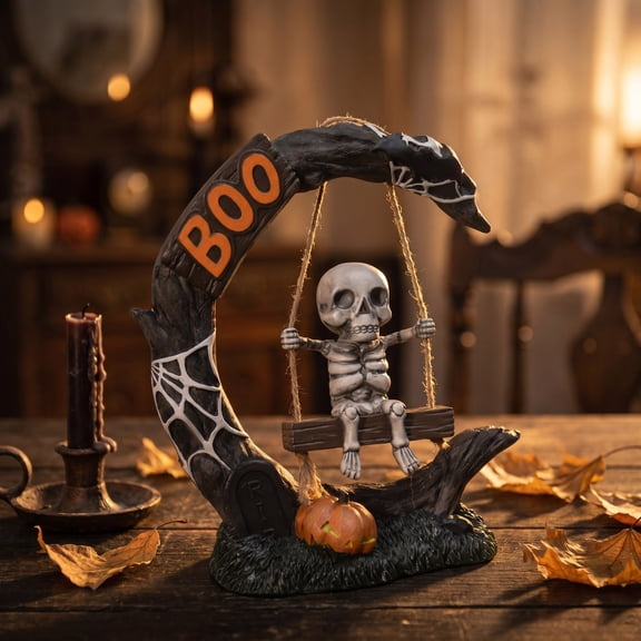 Cadancy Halloween Skeleton on Swing Figurine Gothic Tree Branch Spider Web Pumpkin Base Resin Statue Home Garden Mantel Party Decoration Spooky Seasonal Ornament