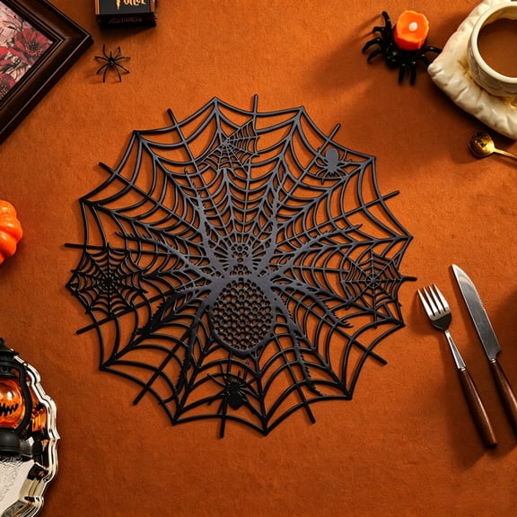 Cadancy Halloween Spider Web Shaped Placemats, Waterproof Heat Resistant Non Slip Dining Pads, Gothic Holiday Party Kitchen Decor Table Mats Washable Table Protector for Home Restaurant