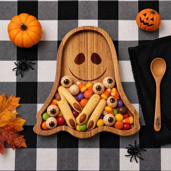 Cadancy Halloween Tray Wooden Ghost Shaped Serving Platter for Candy Snack Dessert Appetizer Party Food Display Table Decor Spooky Seasonal Home Kitchen Dining Decoration