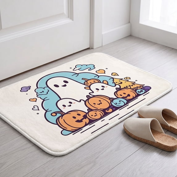 Cadancy Halloween Welcome Doormat with Spider Pumpkin Pattern, Non Slip Entryway Rug Home Front Door Washable Carpet Seasonal Holiday Kitchen Bathroom Floor Mat Party Decoration