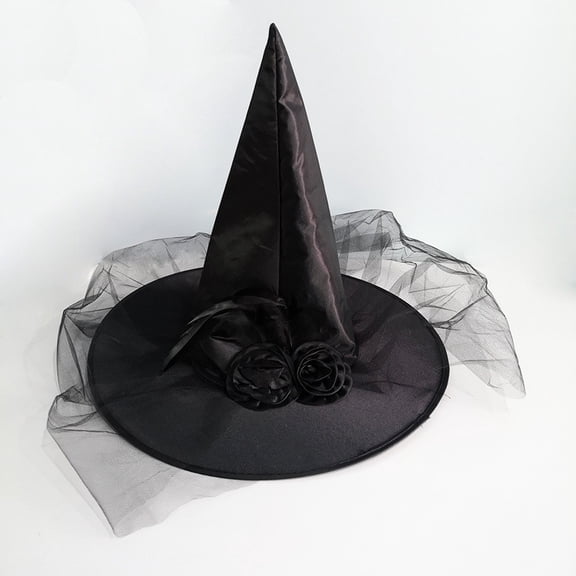 Cadancy Halloween Witch Hat with Rose Flower Tulle Veil Netting for All Age Dress Up Holiday Party Costume Prop Accessory Supplies Decoration
