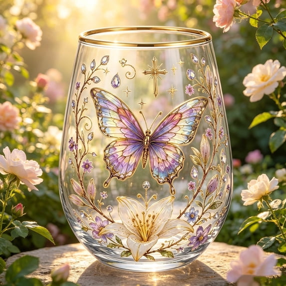 Cadancy Hand Painted Butterfly Glass Cup with Gold Rim Wine Tumbler, Elegant Stemless Drinking Glassware for Juice Water Beverage Kitchen Bar Party Home Decor Holiday Gift