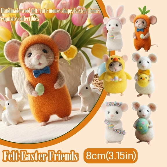Cadancy Handmade Wool Felt Mouse with Yellow Chick Friend, 3.15-Inch Easter Figurine, Soft Needle Felted Animal for Tabletop