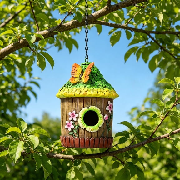 Cadancy Hanging Bird House Decorative Garden Cottage Outdoor Patio Yard Ornament Resin Nest Box with Butterfly Flower Design for Lawn Tree Branch Display Nature Lover Keepsake