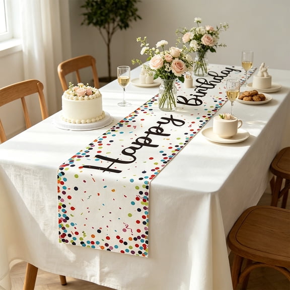 Cadancy Happy Birthday Table Runner 72x13 Inch, Colorful Polka Dot Confetti Party Supplies, Non-Slip Polyester Dining Table Cover for Kids Adults Reusable Celebration Decorations