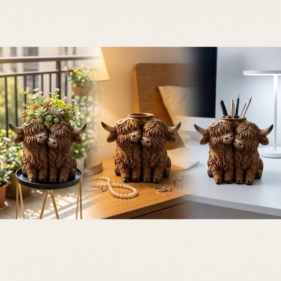 Cadancy Highland Cow Succulents Planter Couple Design Resin Animal Flower Pot Desktop Organizer for Pen Jewelry Makeup Brush Home Office Living Room Farmhouse Cute Cattle Decor