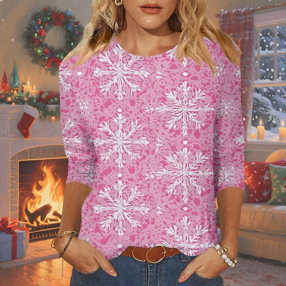 Cadancy Holiday Shirts for Women Vintage Christmas 3/4 Sleeve Casual Crewneck Blouses Funny Party Fashion Tops Pullover Xmas Tree Graphic T-Shirt