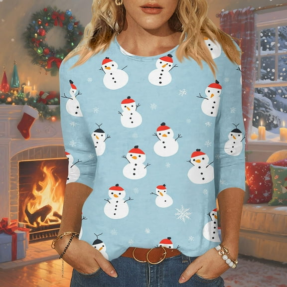 Cadancy Holiday Shirts for Women Vintage Christmas 3/4 Sleeve Casual Crewneck Blouses Funny Party Fashion Tops Pullover Xmas Tree Graphic T-Shirt