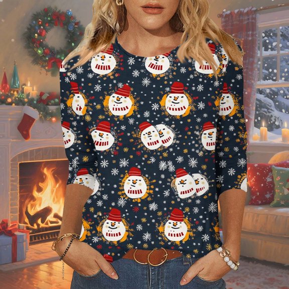 Cadancy Holiday Shirts for Women Vintage Christmas 3/4 Sleeve Casual Crewneck Blouses Funny Party Fashion Tops Pullover Xmas Tree Graphic T-Shirt