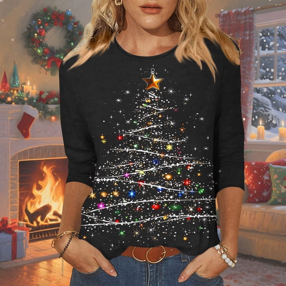 Cadancy Holiday Shirts for Women Vintage Christmas 3/4 Sleeve Casual Crewneck Blouses Funny Party Fashion Tops Pullover Xmas Tree Graphic T-Shirt