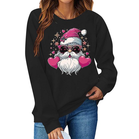 Cadancy Holiday Sweatshirts for Women Funny Santa Claus Graphic Crewneck Long Sleeve Tops Loose Winter Vacation Party Shirts Vintage Xmas Outfits 2025