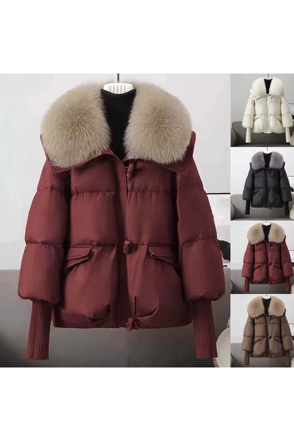 Down Jacket Women Long Sleeve Faux Fur Big Collar Quilted Jackets with Pockets Knit Cuffs Zip Up Puffy Short Padded Coats 2025 Winter Warm Fashion Clothes