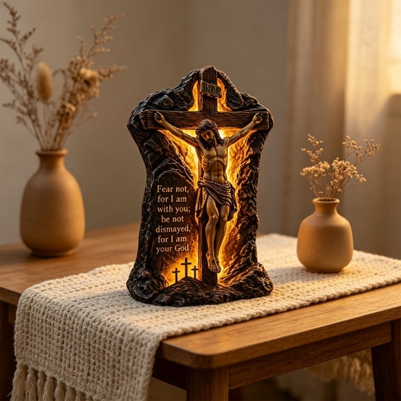 Cadancy Jesus Cross Night Light USB Plug In Desktop Lamp Religious Ornament LED Illuminated Crucifix Statue Home Bedroom Tabletop Christian Faith Gift Wall Light
