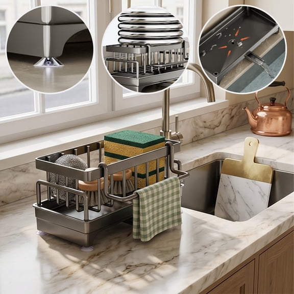 Cadancy Kitchen Countertop Stainless Steel Storage Rack Dish Drying Rack Drainer Basket Sink Caddy Holder for Utensil Cutting Board Sponge Holder Over Sink Shelf Drainer Tray Stand