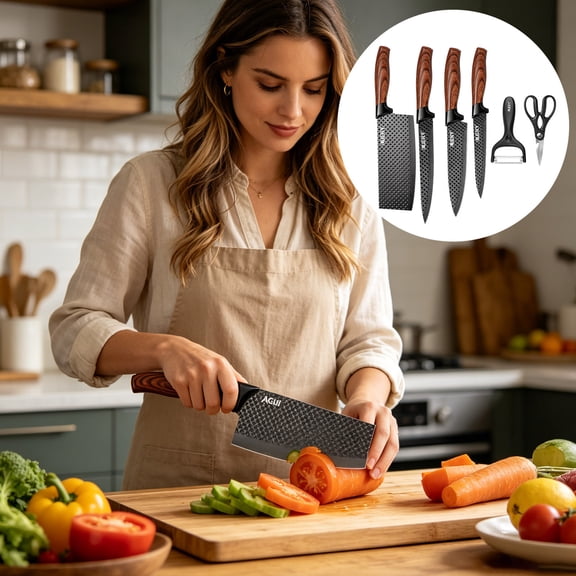 Cadancy Kitchen Knife Set 6 Piece Stainless Steel Chef Knives Block Sharpener Scissors Professional Cutlery Cooking Tools With Elegant Box Home Essential