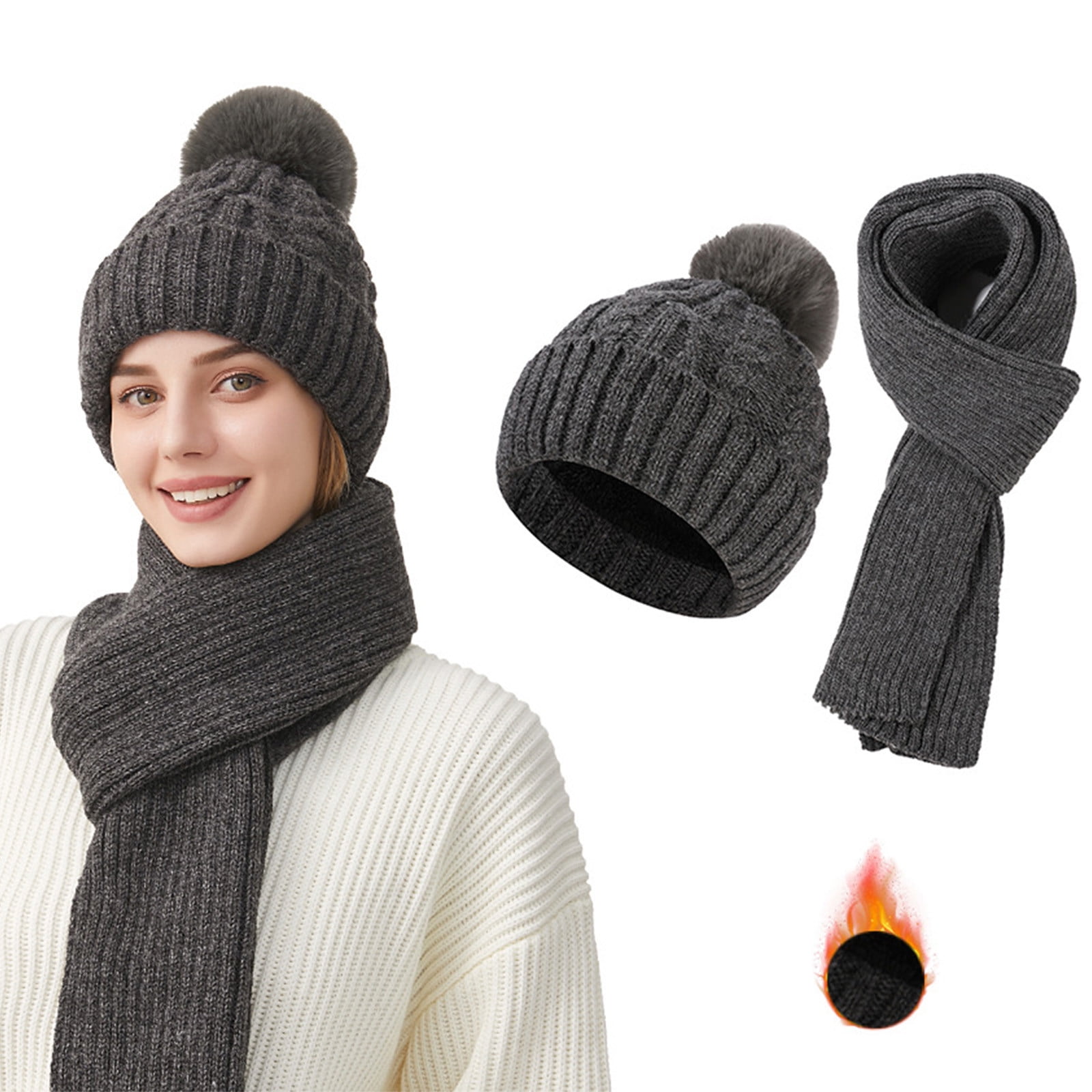 Cadancy Knit Hats for Women with Scarf 2 Piece Set Winter Comfort Warm Pompom Baenies Hat Cute Trendy Outdoor Cold Weather Snow Caps
