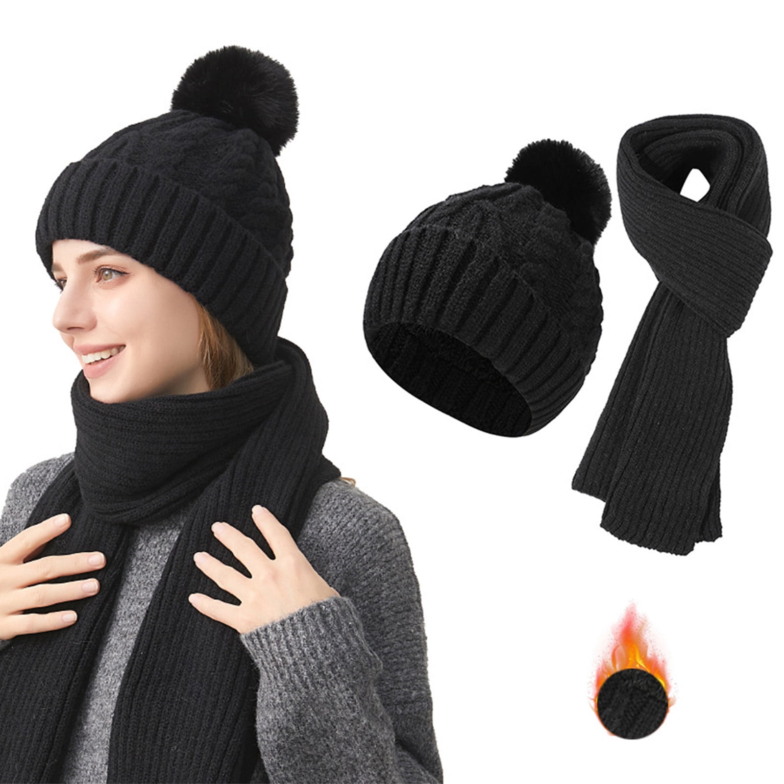 Cadancy Knit Hats for Women with Scarf 2 Piece Set Winter Comfort Warm Pompom Baenies Hat Cute Trendy Outdoor Cold Weather Snow Caps