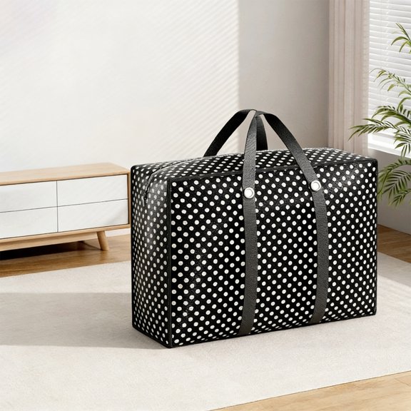 Cadancy Large Storage Bag with Handles, Durable Fabric Organizer Polka Dot Design Bedding, Clothes, and Seasonal Items, Space Saving Foldable Design for Home Closet