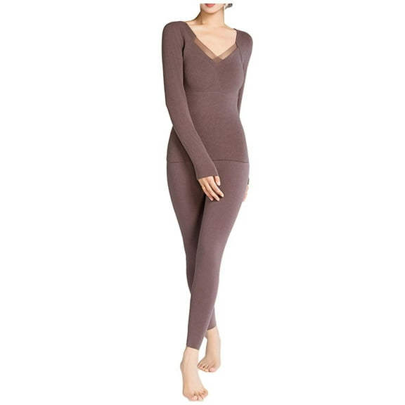 Cadancy Long Johns for Women Thermal V Neck Mesh Yarn Neckline Suitable Base Layer Underwear Winter Warm Tops and Leggings 2 Piece Sets Comfy Stretchy Soft Outfits