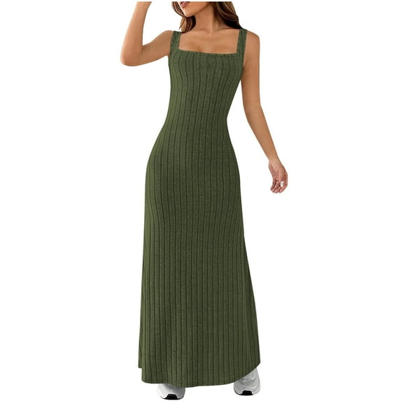 Cadancy Long Sweater Dress for Women Sleeveless Tank Square Neck Bodycon Ribbed Knit Maxi Dresses Cozy Dressy Casual Solid Color Trendy Outfits