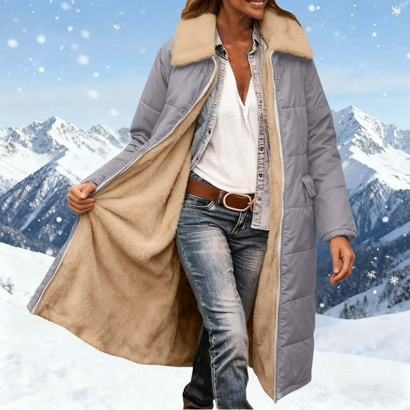 Cadancy Long Winter Coats for Women Fleece Lined Zip Up Warm Reversible Quilted Jackets with Pockets Faux Fur Lapel Oversized Fuzzy Thick Down Jacket 2025 Trendy Outerwear Coat