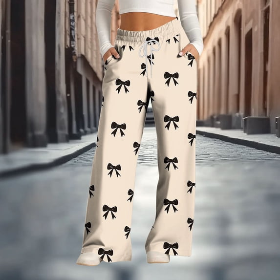 Cadancy Lounge Pants Women Wide Leg Bows Print Cute Sweatpants with Pockets Drawstring Waist Casual Baggy Trouser Y2K Fashion Outfits