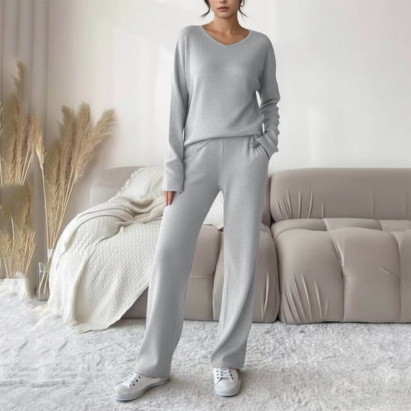 Cadancy Lounge Sets for Women 2 Piece Long Sleeve V Neck Pullover Knitted Tops Soft High Waisted Wide Leg Jogger Pants with Pockets Comfy Loungewear Outfits Loose Fit Sweatsuits