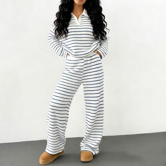 Cadancy Lounge Sets for Women Long Sleeve Striped V Neck Pullover Top High Waisted Wide Leg Pants y2k Fashion Cute Sweatsuits Loungewear Loose Fit 2 Piece Outfits