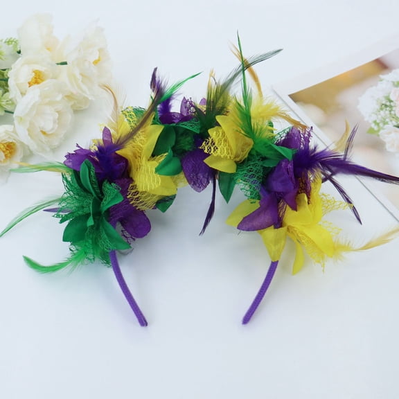 Cadancy Mardi Gras Headband for Women Feather Flower Carnival Ball Cocktail Party Hairband Venetian Masquerade Vintage Hair Accessory