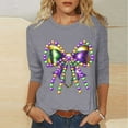 thumbnail image 1 of Cadancy Mardi Gras Shirt for Women 3/4 Sleeve Bownot Graphic Crewneck Pullover Tops Loose Fit Holiday Casual Carnival Party Tunic Blouse Trendy Outfits, 1 of 5