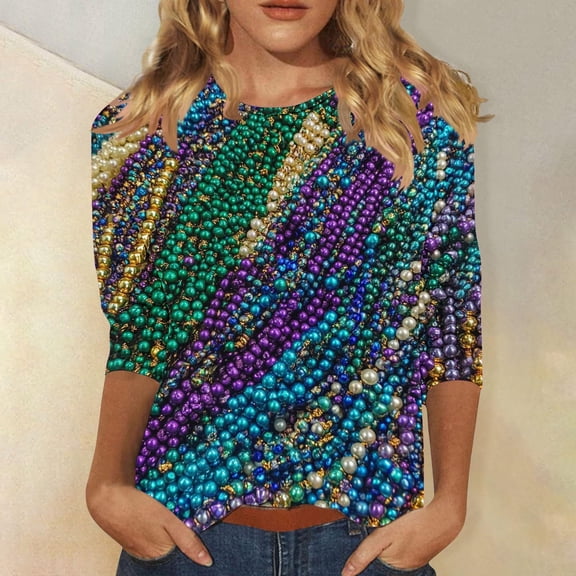 Cadancy Mardi Gras Shirt for Women Plus Size Trendy Graphic Casual Shirts 3/4 Sleeve Crew Neck Carnival Blouse Holiday Funny Rave Party Outfits Tops