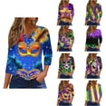 thumbnail image 1 of Cadancy Mardi Gras Shirts for Women 3/4 Sleeve Button V Neck Tunic Pullover Tops Glitter Holiday Rave Party Trendy Blouse Casual Loose Carnival Outfits, 1 of 6