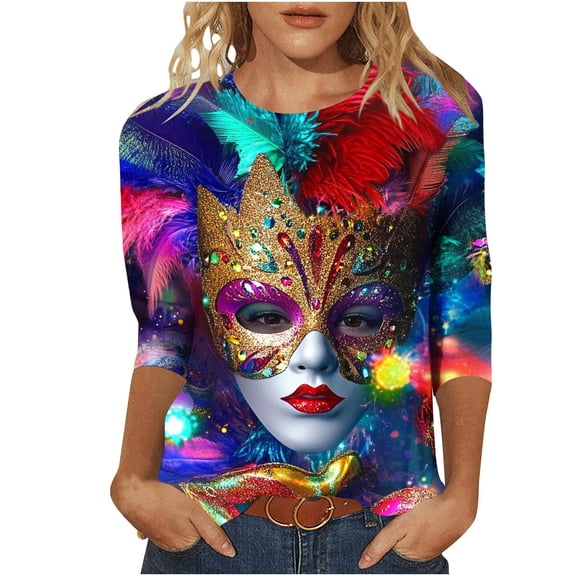 Cadancy Mardi Gras Shirts for Women Holiday 3/4 Sleeve Plus Size Round Neck Pullover Tops Rave Party Funny Carnival Outfits Loose Casual Trendy Blouse