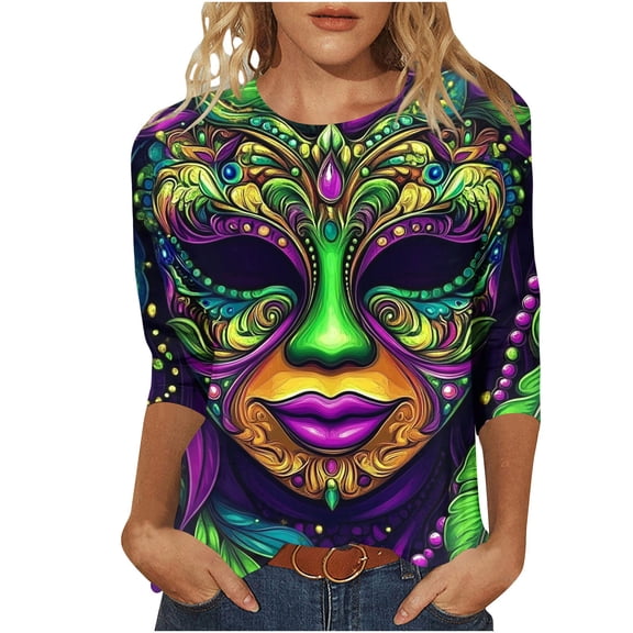 Cadancy Mardi Gras Shirts for Women Plus Size Holiday Funnny Print 3/4 Sleeve Trendy Tunic Tops Carnival Rave Party Outfits Crewneck Trendy Casual Blouse