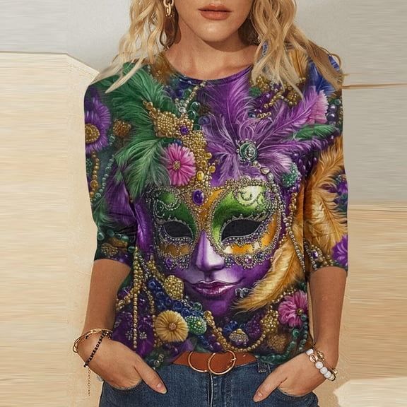 Cadancy Mardi Gras Shirts for Women Plus Size 3/4 Sleeve Pullover Holiday Tunic Tops Crewneck Trendy Mask Print Rave Party Carnival Tees Outfits