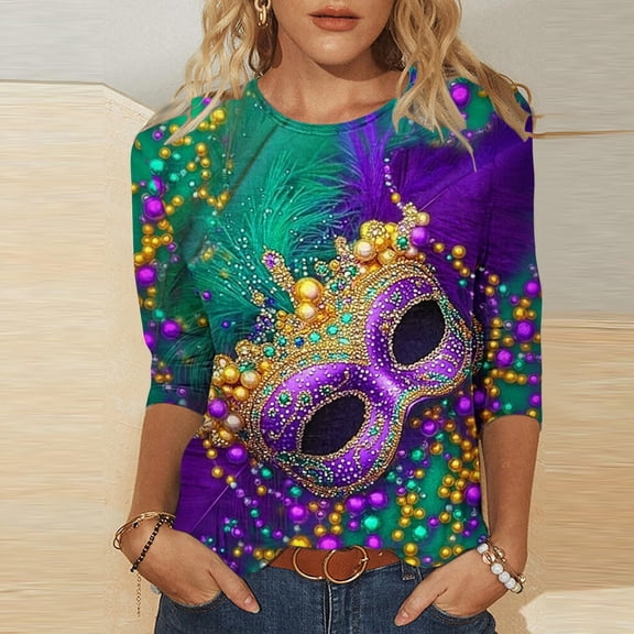 Cadancy Mardi Gras Shirts for Women Plus Size 3/4 Sleeve Pullover Holiday Tunic Tops Crewneck Trendy Mask Print Rave Party Carnival Tees Outfits