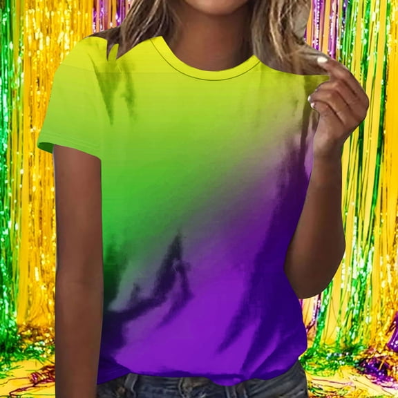 Cadancy Mardi Gras T Shirts for Women Crew Neck Loose Rave Party Colorful Tee Shirt Pullover Casual Holiday Carnival Streetwear Trendy Tops