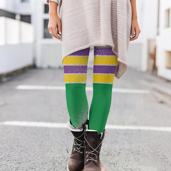 Cadancy Mardi Gras Tights for Women Tummy Control High Waisted Holiday Funny Stretchy Leggings Soft Cozy Trendy Casual Active Yoga Pants