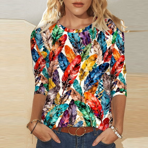 Cadancy Mardi Gras Tops for Women Crew Neck Colorful Print Casual Blouse Holiday 3/4 Sleeve Rave Party Tees Carnival Funny Trendy Shirts