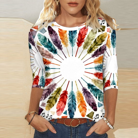 Cadancy Mardi Gras Tops for Women Crew Neck Colorful Print Casual Blouse Holiday 3/4 Sleeve Rave Party Tees Carnival Funny Trendy Shirts