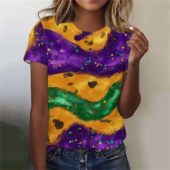 Cadancy Mardi Gras Tshirts Women Rave Party Holiday Graphic Crew Neck Short Sleeve Tops Funny Trendy Casual Loose Blouse Glitter Carnival Outfits