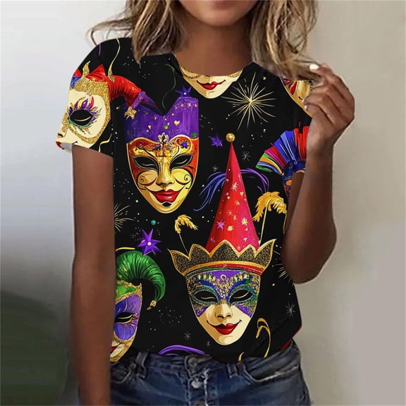 Cadancy Mardi Gras Tshirts Women Rave Party Holiday Graphic Crew Neck Short Sleeve Tops Funny Trendy Casual Loose Blouse Glitter Carnival Outfits