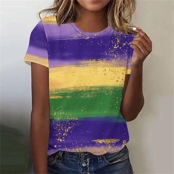 Cadancy Mardi Gras Tshirts Women Rave Party Holiday Graphic Crew Neck Short Sleeve Tops Funny Trendy Casual Loose Blouse Glitter Carnival Outfits