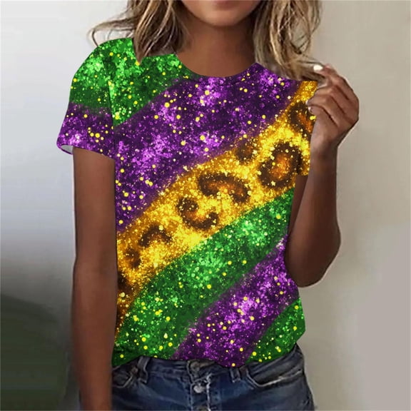 Cadancy Mardi Gras Tshirts Women Rave Party Holiday Graphic Crew Neck Short Sleeve Tops Funny Trendy Casual Loose Blouse Glitter Carnival Outfits