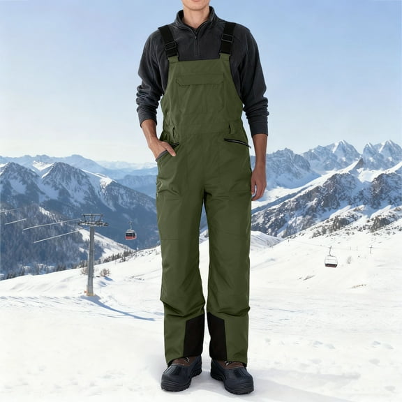 Cadancy Mens Snow Bibs Loose Waterproof Insulated Straight Leg Ski Pants Snowboarding Overalls Zipper Pockets Winter Warm Outdoor Sports Outfits