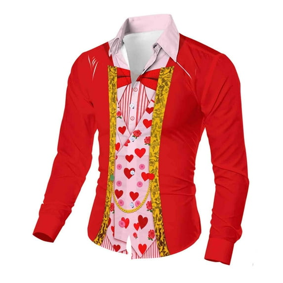 Cadancy Mens Valentines Day Shirt Bowtie Tuxedo Funny Print Long Sleeve Button Down Shirts Slim Fit Vacation Party Holiday Fake Blazer Tops