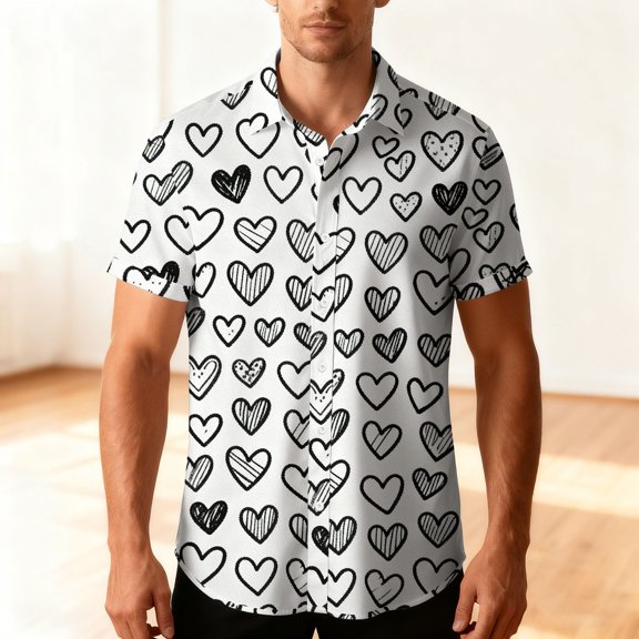 Cadancy Mens Valentines Shirt Button Down Short Sleeve Lapel Fun Heart Printed Beach Shirts Casual Loose Vacation Hawaiian Tops Holiday Trendy Tshirt