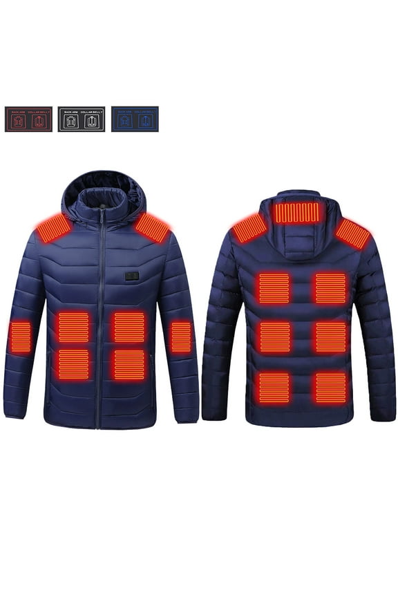 Mens Womens Heated Jacket with Battery USB Rechargeable 17 Heating Zones 2 Temperature Modes Hooded Jackets Cold Weather Thermal Zip Up Washable Quilted Coats