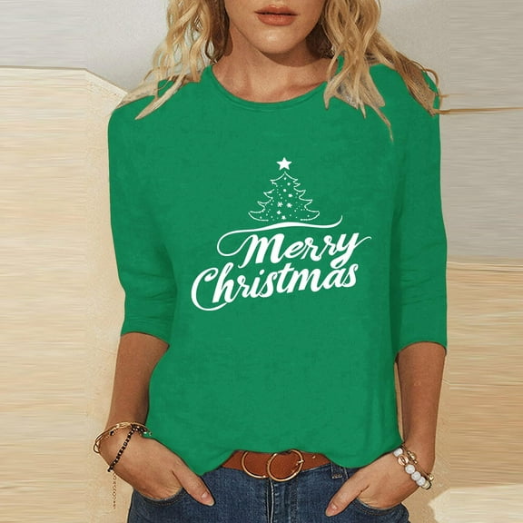 Cadancy Merry Christmas 3/4 Sleeve Tops for Women Winter Vintage Party Plus Size Shirt Crew Neck Funny Holiday Blouses Dressy Casual Xmas Shirts