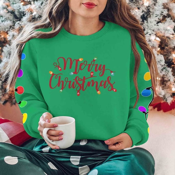 Cadancy Merry Christmas Sweatshirt for Women Long Sleeve Oversized Crew Neck Xmas Lights Graphic Sweatshirts Winter Cozy Casual Holiday Tops Trendy Funny Outfits 2025